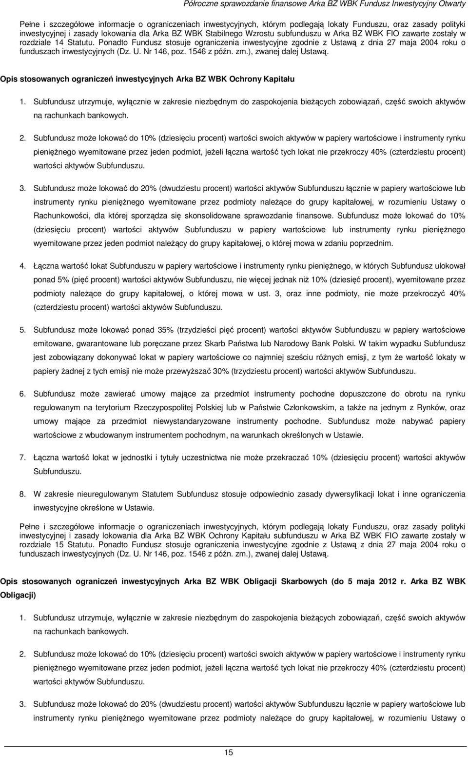 Ponadto Fundusz stosuje ograniczenia inwestycyjne zgodnie z Ustawą z dnia 27 maja 2004 roku o funduszach inwestycyjnych (Dz. U. Nr 146, poz. 1546 z późn. zm.), zwanej dalej Ustawą.