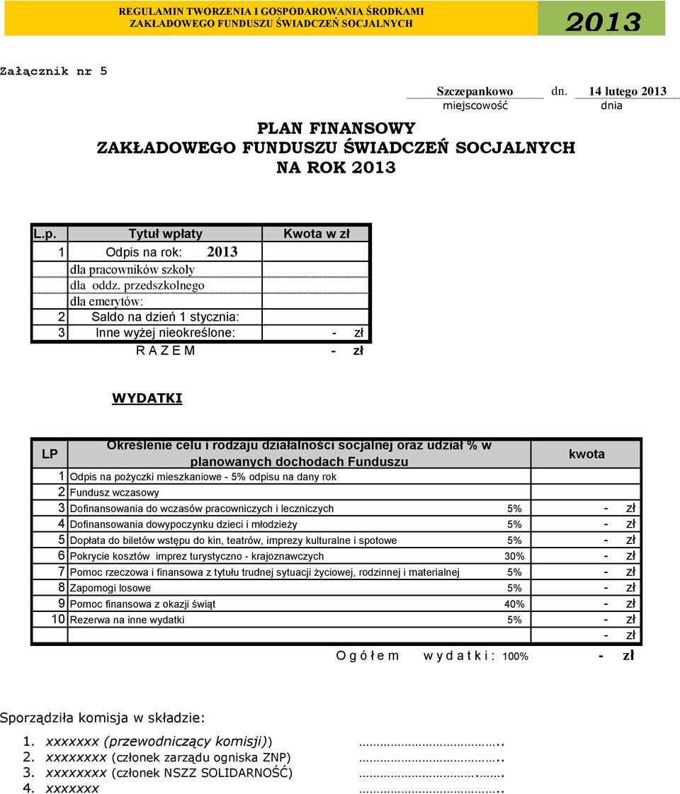 dochodach Funduszu kwota 1 Odpis na pożyczki mieszkaniowe - 5% odpisu na dany rok 2 Fundusz wczasowy 3 Dofinansowania do wczasów pracowniczych i leczniczych 5% - zł 4 Dofinansowania dowypoczynku