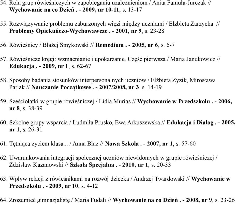 6-7 57. Rówieśnicze kręgi: wzmacnianie i upokarzanie. Część pierwsza / Maria Janukowicz // Edukacja. - 2009, nr 1, s. 62-67 58.