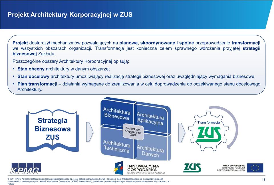 Poszczególne obszary Architektury Korporacyjnej opisują: Stan obecny architektury w danym obszarze; Stan docelowy architektury umożliwiający realizację strategii