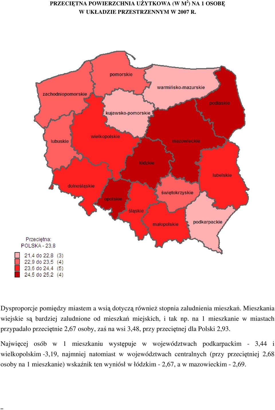 na 1 mieszkanie w miastach przypadało przeciętnie 2,67 osoby, zaś na wsi 3,48, przy przeciętnej dla Polski 2,93.