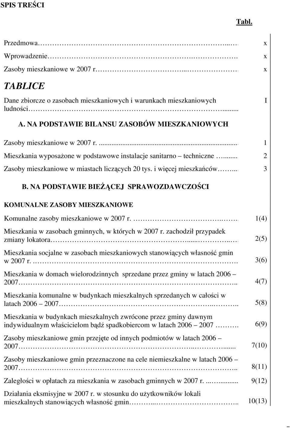 i więcej mieszkańców... 3 B. NA PODSTAWIE BIEŻĄCEJ SPRAWOZDAWCZOŚCI KOMUNALNE ZASOBY MIESZKANIOWE Komunalne zasoby mieszkaniowe w 2007 r.... 1(4) Mieszkania w zasobach gminnych, w których w 2007 r.