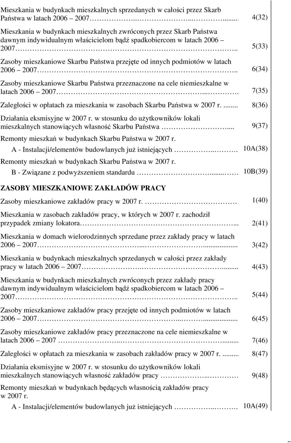 . 5(33) Zasoby mieszkaniowe Skarbu Państwa przejęte od innych podmiotów w latach 2006 2007.. 6(34) Zasoby mieszkaniowe Skarbu Państwa przeznaczone na cele niemieszkalne w latach 2006 2007.