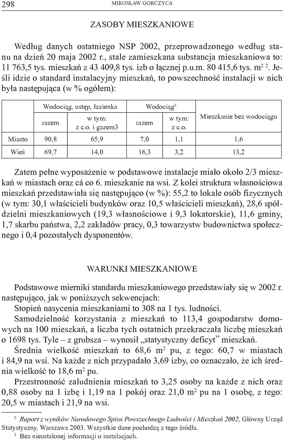 Jeśli idzie o standard instalacyjny mieszkań, to powszechność instalacji w nich była następująca (w % ogółem): Wodociąg, ustęp, łazienka Wodociąg 3 w tym: w tym: Mieszkanie bez wodociągu razem razem