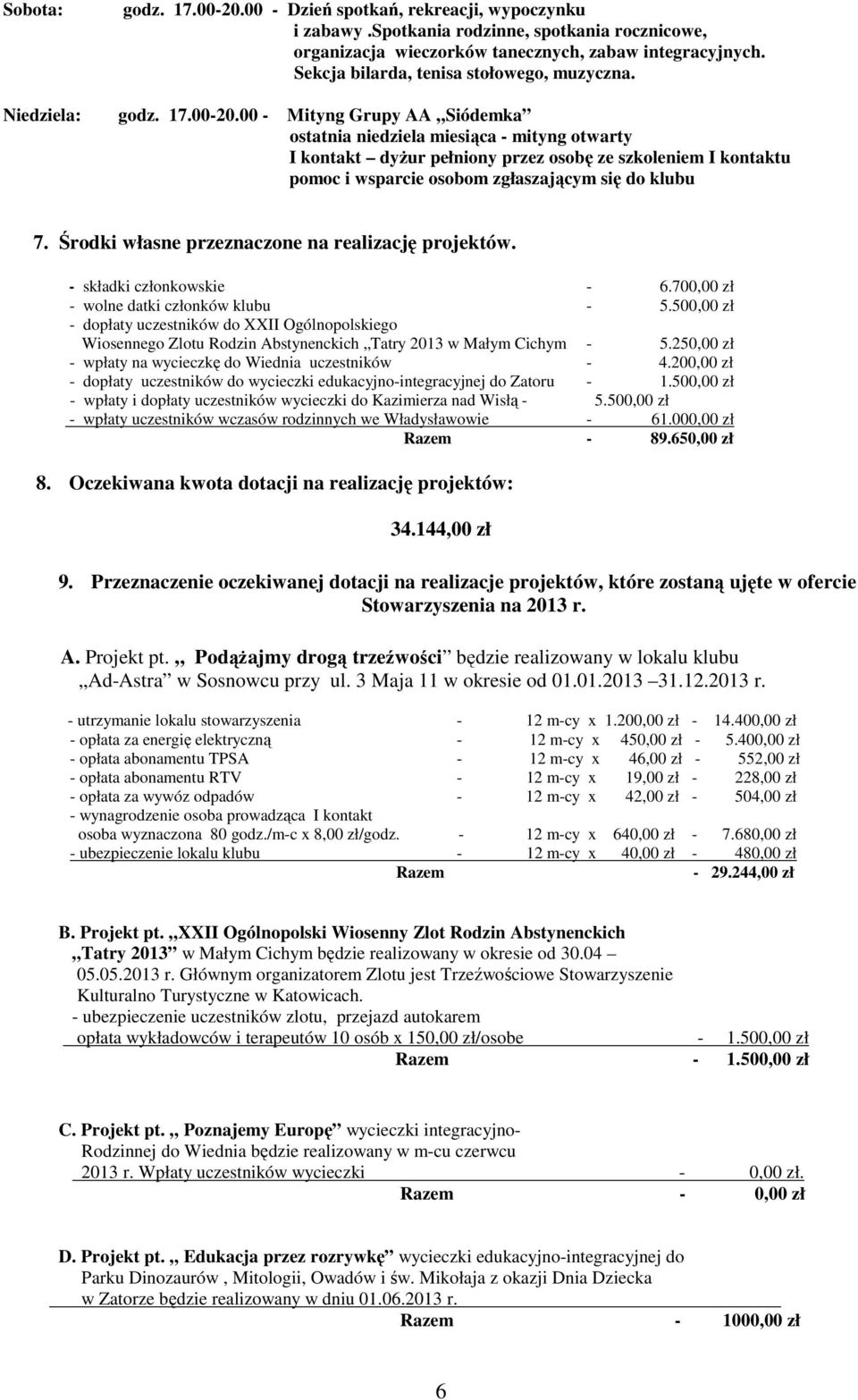 Środki własne przeznaczone na realizację projektów. - składki członkowskie - 6.700,00 zł - wolne datki członków klubu - 5.