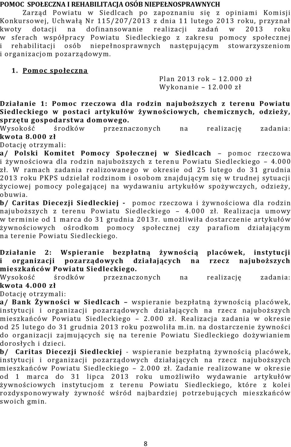 organizacjom pozarządowym. 1. Pomoc społeczna Plan 2013 rok 12.000 zł Wykonanie 12.