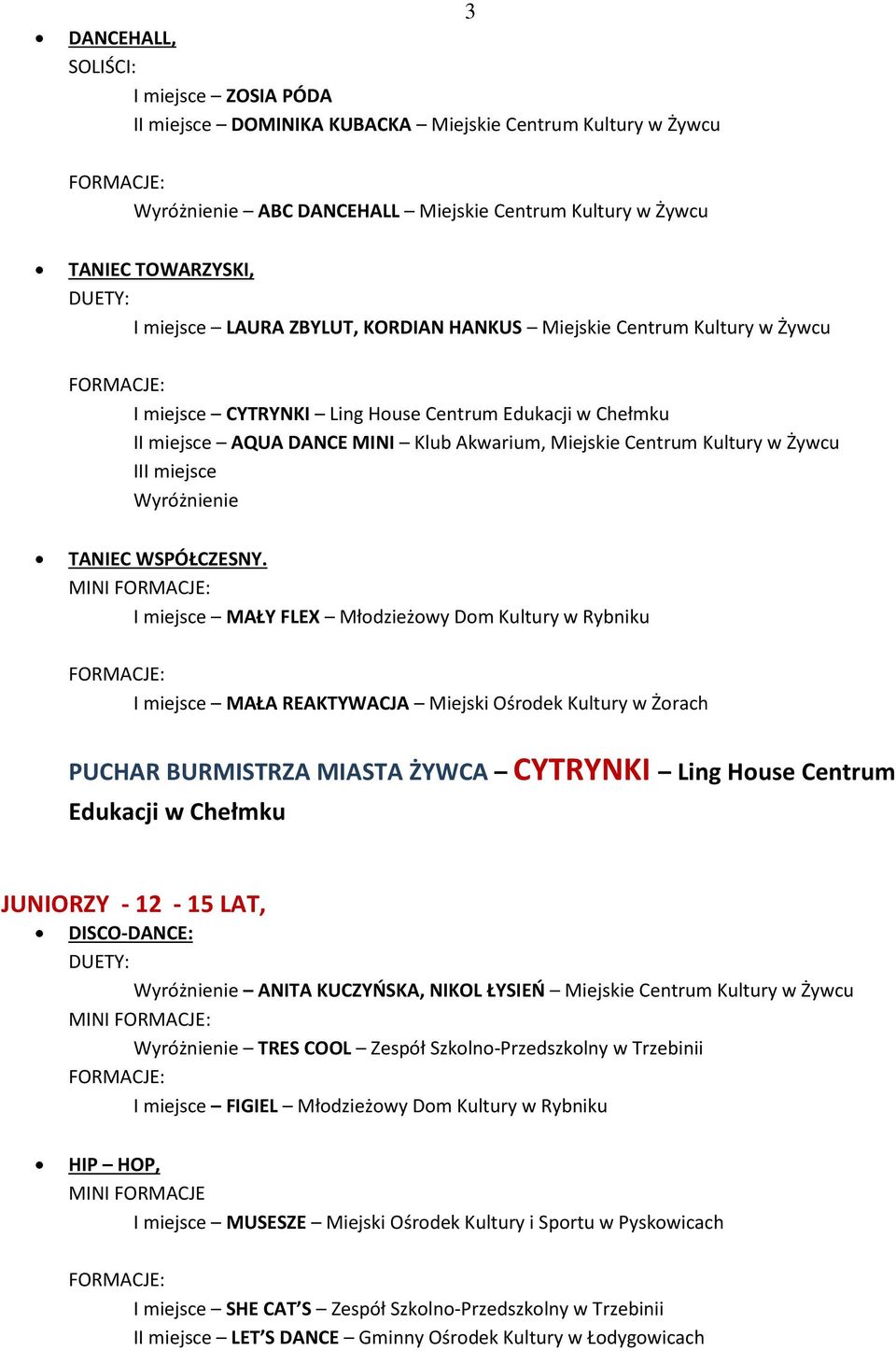 Młodzieżowy Dom Kultury w Rybniku I miejsce MAŁA REAKTYWACJA Miejski Ośrodek Kultury w Żorach PUCHAR BURMISTRZA MIASTA ŻYWCA CYTRYNKI Ling House Centrum Edukacji w Chełmku JUNIORZY - 12-15 LAT,