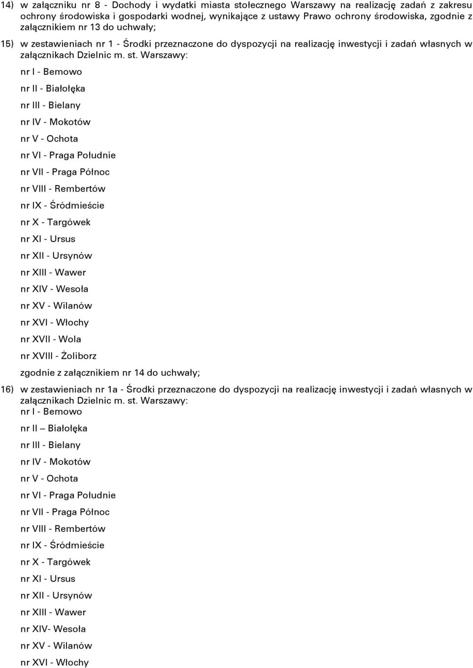 Warszawy: nr I - Bemowo nr II - Białołćka nr III - Bielany nr IV - Mokotów nr V - Ochota nr VI - Praga Południe nr VII - Praga Północ nr VIII - Rembertów nr IX - Ċródmieċcie nr X - Targówek nr XI -