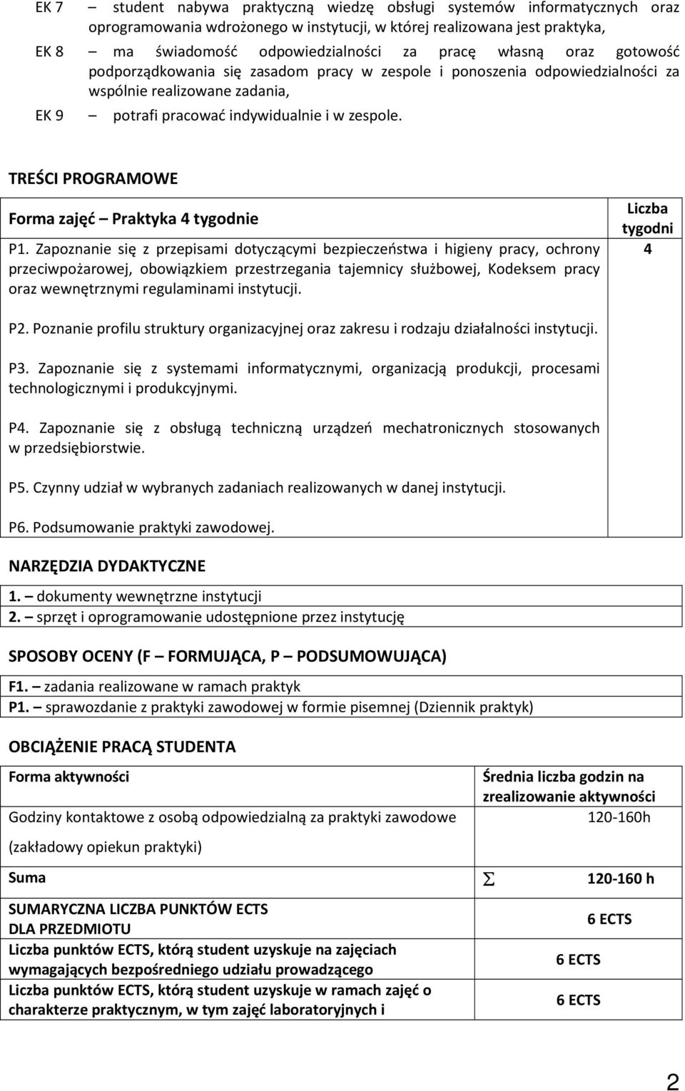 Zapoznanie się z przepisami dotyczącymi, ochrony przeciwpożarowej, obowiązkiem przestrzegania tajemnicy służbowej, Kodeksem pracy oraz wewnętrznymi regulaminami instytucji. Liczba tygodni 4 P2.