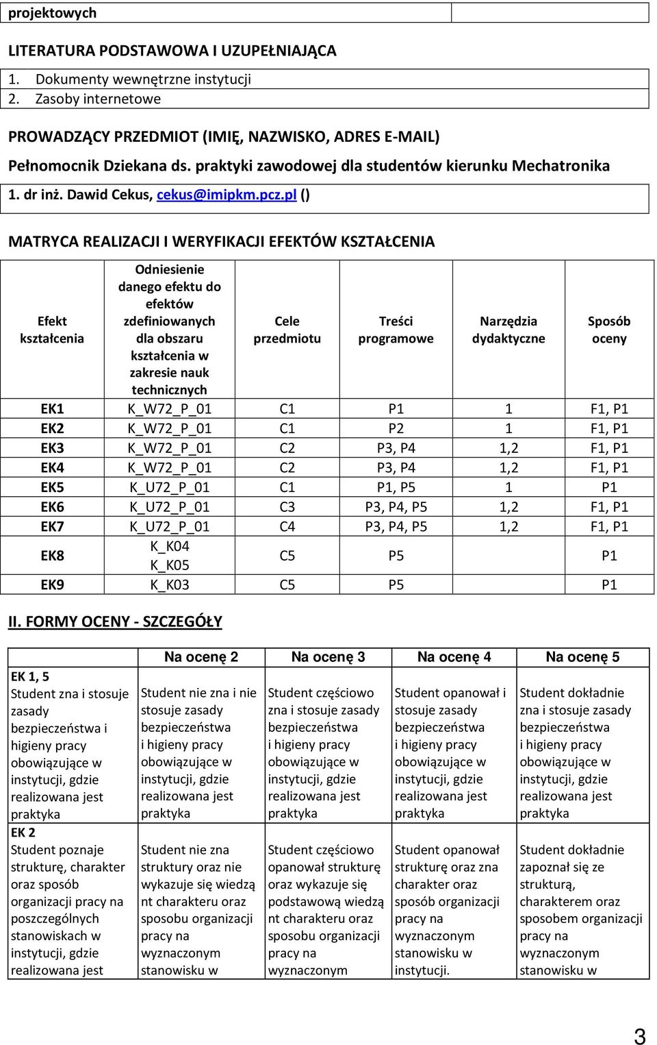 pl () MATRYCA REALIZACJI I WERYFIKACJI EFEKTÓW KSZTAŁCENIA Efekt kształcenia Odniesienie danego efektu do efektów zdefiniowanych dla obszaru kształcenia w zakresie nauk technicznych Cele przedmiotu