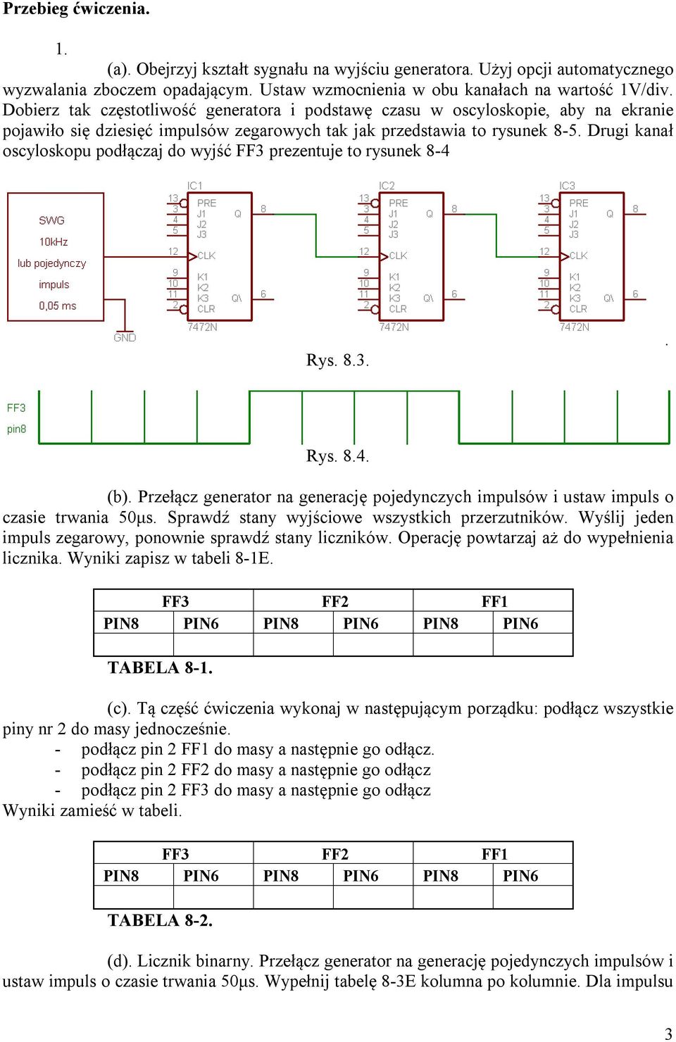Drugi kanał oscyloskopu podłączaj do wyjść FF3 prezentuje to rysunek 8-4 Rys. 8.3.. Rys. 8.4. (b). Przełącz generator na generację pojedynczych impulsów i ustaw impuls o czasie trwania 50μs.