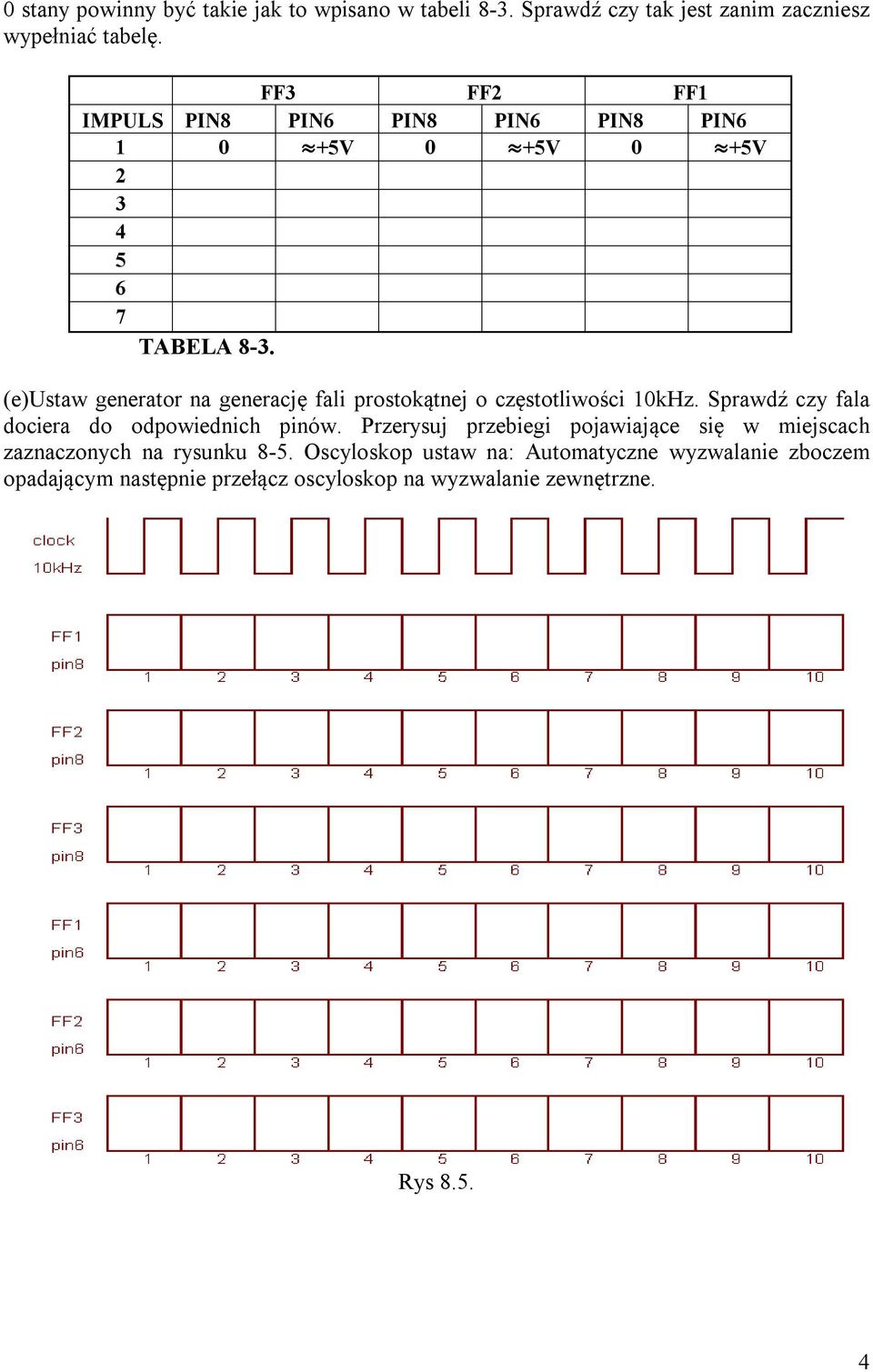 (e)ustaw generator na generację fali prostokątnej o częstotliwości 10kHz. Sprawdź czy fala dociera do odpowiednich pinów.