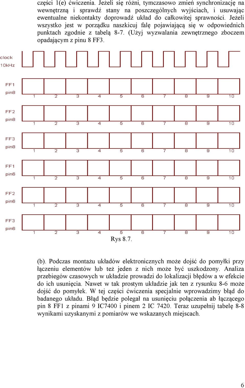 Jeżeli wszystko jest w porządku naszkicuj falę pojawiającą się w odpowiednich punktach zgodnie z tabelą 8-7. (Użyj wyzwalania zewnętrznego zboczem opadającym z pinu 8 FF3. Rys 8.7. (b).