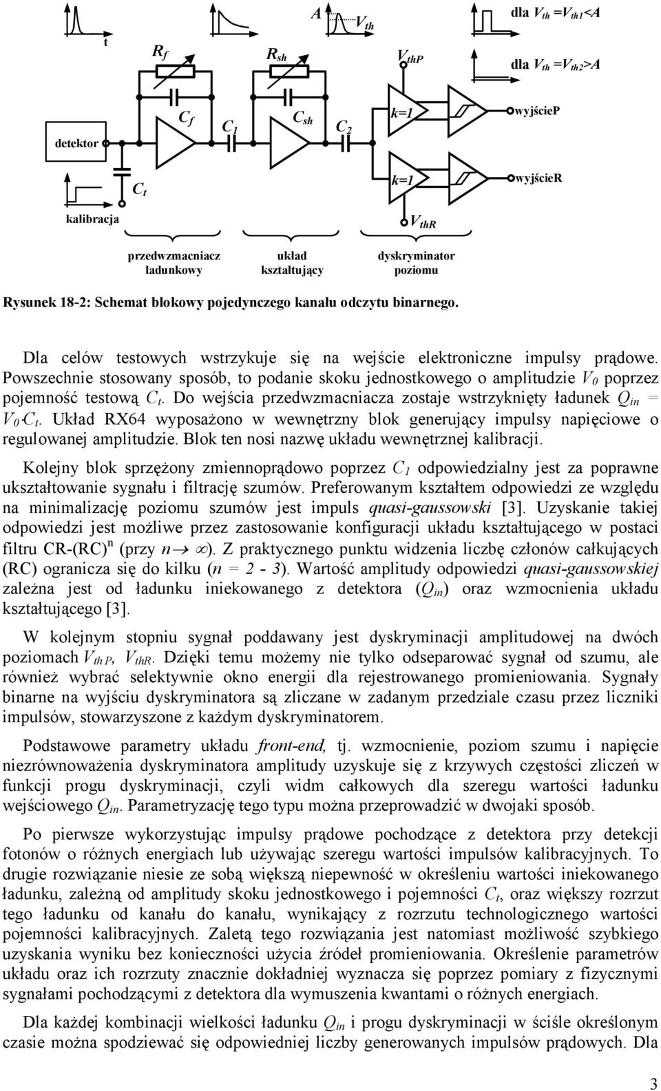 Powszechnie stosowany sposób, to podanie skoku jednostkowego o amplitudzie V 0 poprzez pojemność testową C t. Do wejścia przedwzmacniacza zostaje wstrzyknięty ładunek Q in = V 0 C t.