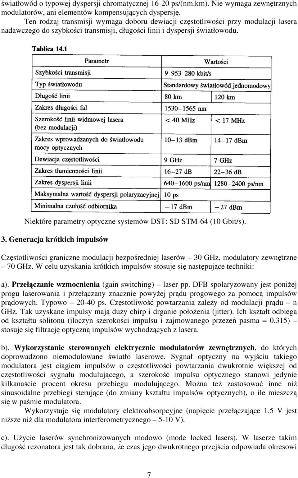 Niektóre parametry optyczne systemów DST: SD STM-64 (10 Gbit/s). 3. Generacja krótkich impulsów Częstotliwości graniczne modulacji bezpośredniej laserów 30 GHz, modulatory zewnętrzne 70 GHz.