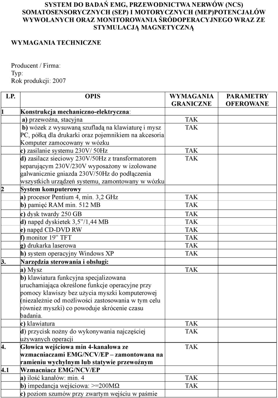 OPIS WYMAGANIA GRANICZNE 1 Konstrukcja mechaniczno-elektryczna: a) przewoźna, stacyjna b) wózek z wysuwaną szufladą na klawiaturę i mysz PC, półką dla drukarki oraz pojemnikiem na akcesoria Komputer