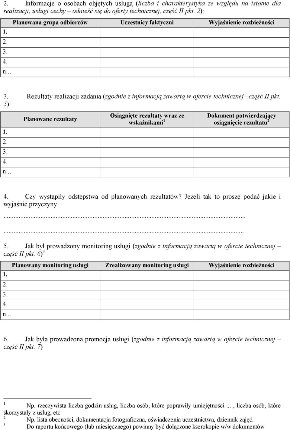 5): Planowane rezultaty Osiągnięte rezultaty wraz ze wskaźnikami 1 Dokument potwierdzający osiągnięcie rezultatu 2 Czy wystąpiły odstępstwa od planowanych rezultatów?