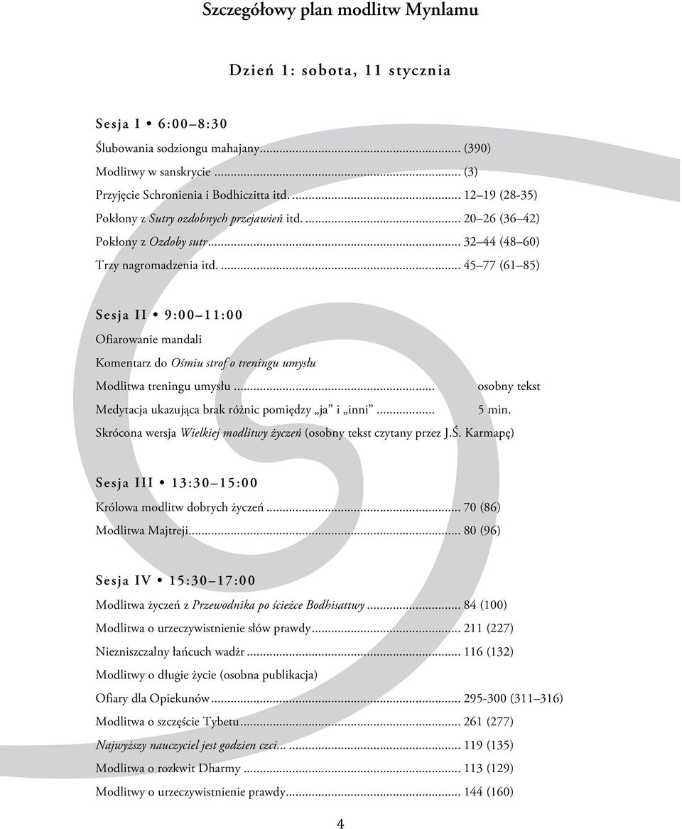 ... 45 77 (61 85) Sesja II 9:00 11:00 Ofiarowanie mandali Komentarz do Ośmiu strof o treningu umysłu Modlitwa treningu umysłu... osobny tekst Medytacja ukazująca brak różnic pomiędzy ja i inni... 5 min.