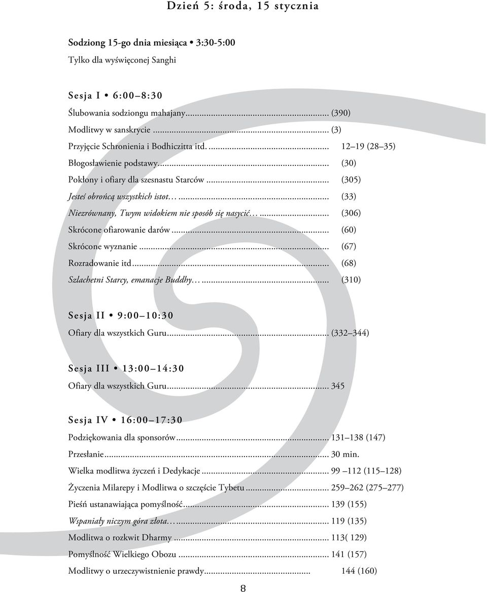 .. (60) Skrócone wyznanie... (67) Rozradowanie itd... (68) Szlachetni Starcy, emanacje Buddhy... (310) Sesja II 9:00 10:30 Ofiary dla wszystkich Guru.