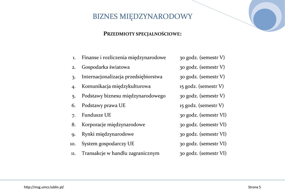 (semestr V) 6. Podstawy prawa UE 15 godz. (semestr V) 7. Fundusze UE 30 godz. (semestr VI) 8. Korporacje międzynarodowe 30 godz. (semestr VI) 9.