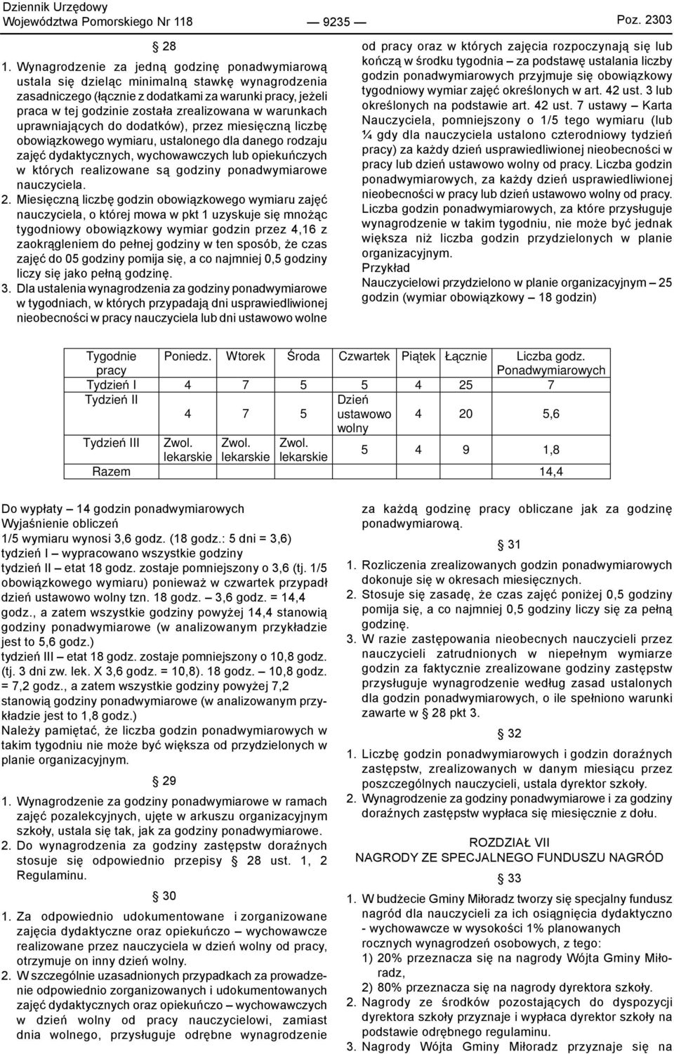 warunkach uprawniających do dodatków), przez miesięczną liczbę obowiązkowego wymiaru, ustalonego dla danego rodzaju zajęć dydaktycznych, wychowawczych lub opiekuńczych w których realizowane są