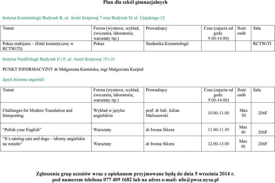 Armii Krajowej 19 i 21 PUNKT INFORMACYJNY dr Małgorzata Kamińska, mgr Małgorzata Kurpiel Język biznesu angielski od Challanges for Modern Translation and