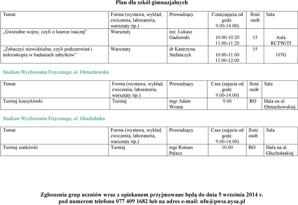 00-12.00 15 Aula 15 107G Studium Wychowania Fizycznego, ul. Otmuchowska Turniej koszykówki Turniej mgr Adam Wrona od 9.