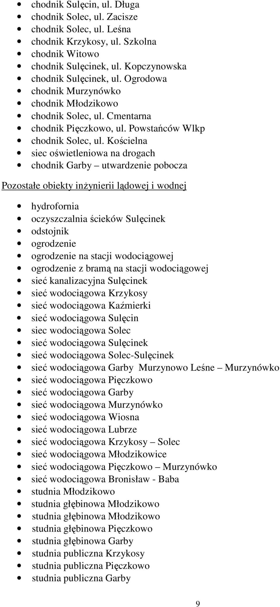 Kościelna siec oświetleniowa na drogach chodnik Garby utwardzenie pobocza Pozostałe obiekty inżynierii lądowej i wodnej hydrofornia oczyszczalnia ścieków Sulęcinek odstojnik ogrodzenie ogrodzenie na