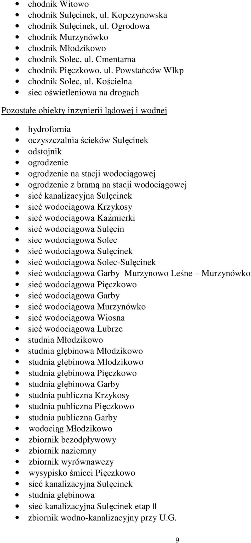 Kościelna siec oświetleniowa na drogach Pozostałe obiekty inżynierii lądowej i wodnej hydrofornia oczyszczalnia ścieków Sulęcinek odstojnik ogrodzenie ogrodzenie na stacji wodociągowej ogrodzenie z