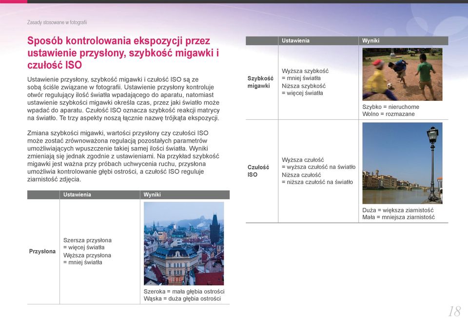 Ustawienie przysłony kontroluje otwór regulujący ilość światła wpadającego do aparatu, natomiast ustawienie szybkości migawki określa czas, przez jaki światło może wpadać do aparatu.