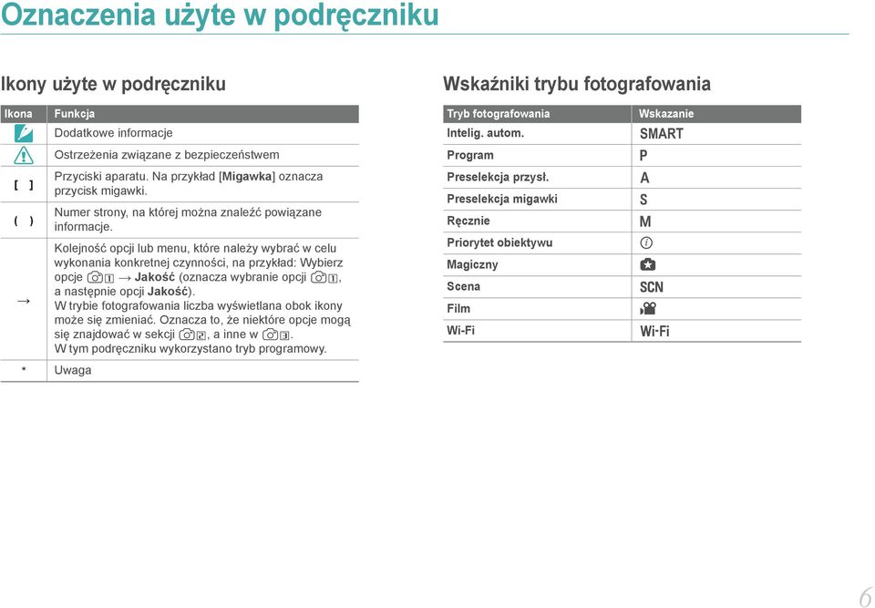 Kolejność opcji lub menu, które należy wybrać w celu wykonania konkretnej czynności, na przykład: Wybierz opcje J Jakość (oznacza wybranie opcji J, a następnie opcji Jakość).