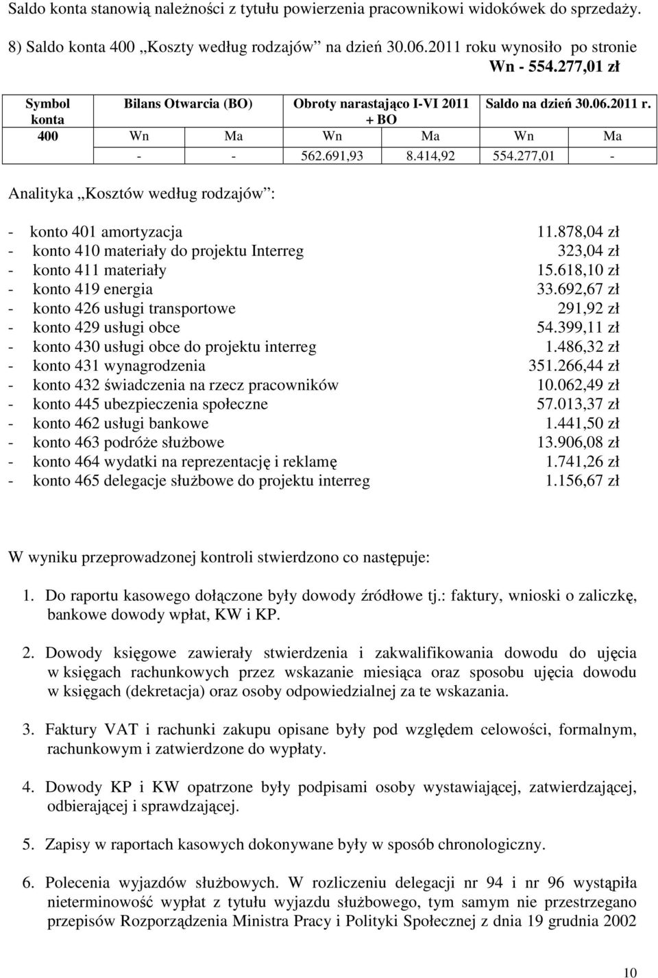 277,01 - Analityka Kosztów według rodzajów : - konto 401 amortyzacja 11.878,04 zł - konto 410 materiały do projektu Interreg 323,04 zł - konto 411 materiały 15.618,10 zł - konto 419 energia 33.