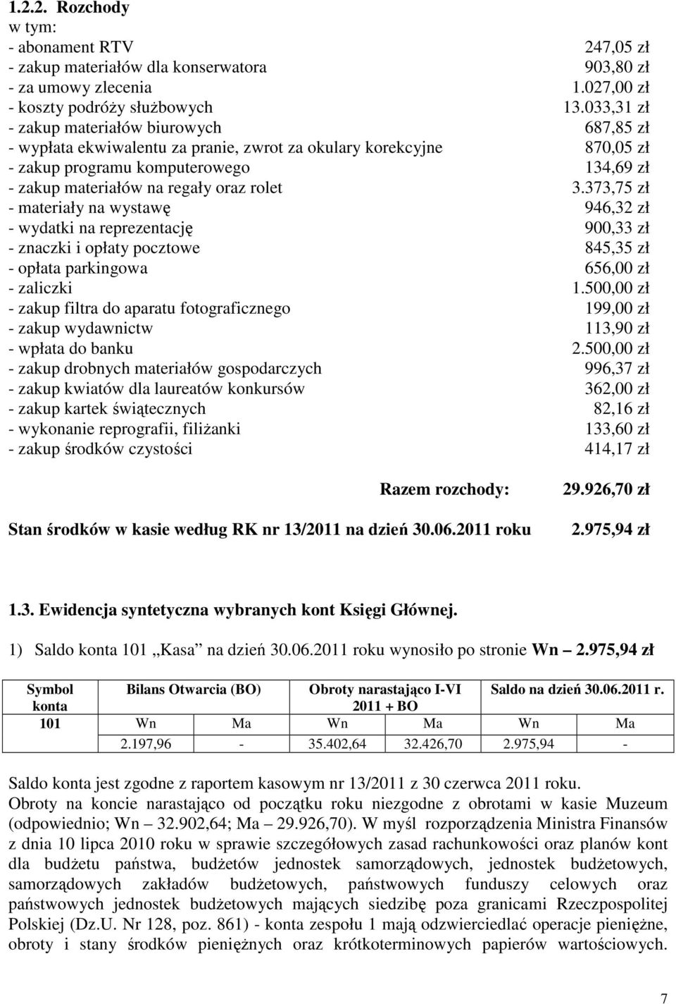 rolet 3.373,75 zł - materiały na wystawę 946,32 zł - wydatki na reprezentację 900,33 zł - znaczki i opłaty pocztowe 845,35 zł - opłata parkingowa 656,00 zł - zaliczki 1.