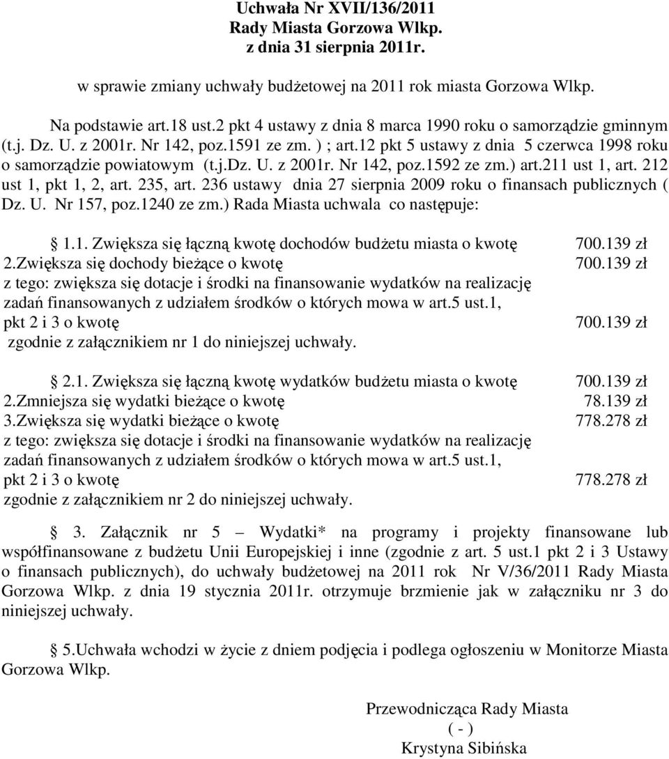 235, art. 236 ustawy dnia 27 sierpnia 2009 roku o finansach publicznych ( Dz. U. Nr 157, poz.1240 ze zm.) Rada Miasta uchwala co następuje: 1.1. Zwiększa się łączną kwotę dochodów budżetu miasta o kwotę 700.