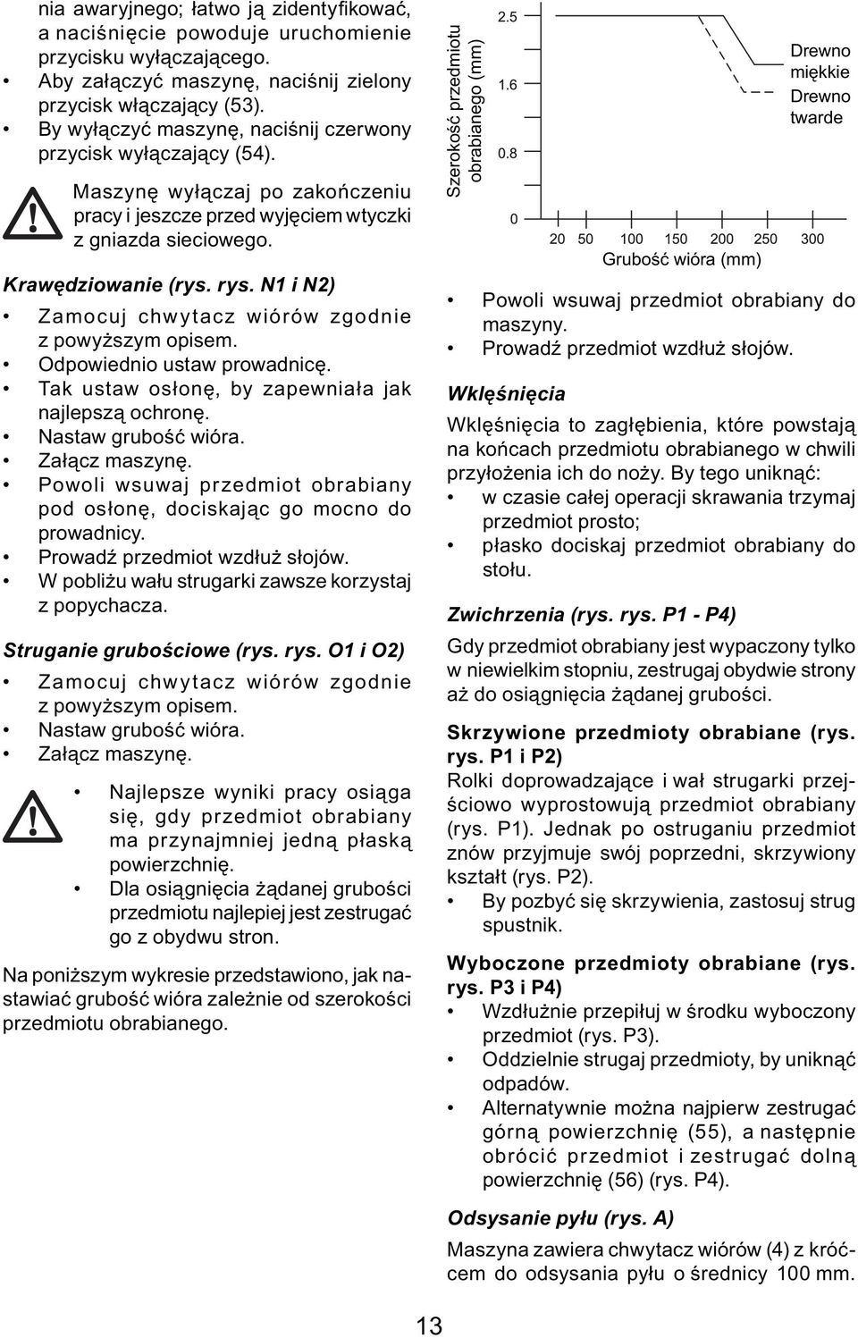 N1 i N2) Zamocuj chwytacz wiórów zgodnie z powyższym opisem. Odpowiednio ustaw prowadnicę. Tak ustaw osłonę, by zapewniała jak najlepszą ochronę. Nastaw grubość wióra. Załącz maszynę.