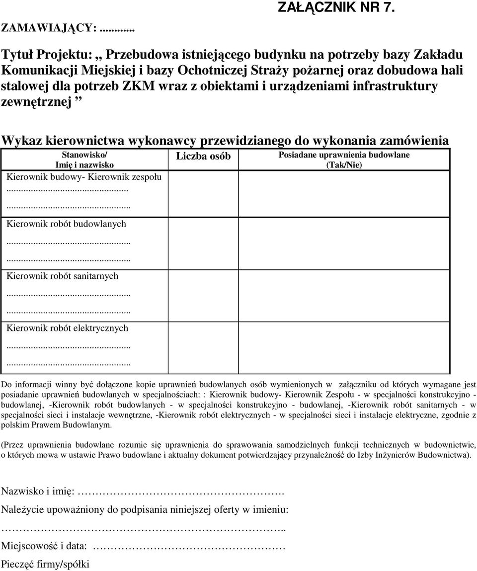 budowlanych osób wymienionych w załączniku od których wymagane jest posiadanie uprawnień budowlanych w specjalnościach: : Kierownik budowy- Kierownik Zespołu - w specjalności konstrukcyjno -