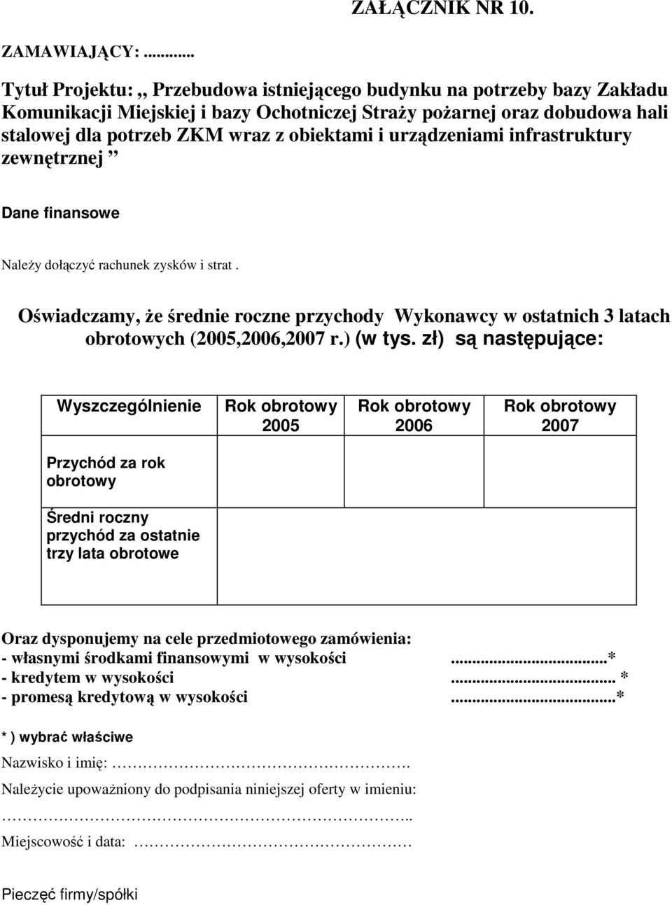 zł) są następujące: Wyszczególnienie Rok obrotowy 2005 Rok obrotowy 2006 Rok obrotowy 2007 Przychód za rok obrotowy Średni roczny przychód