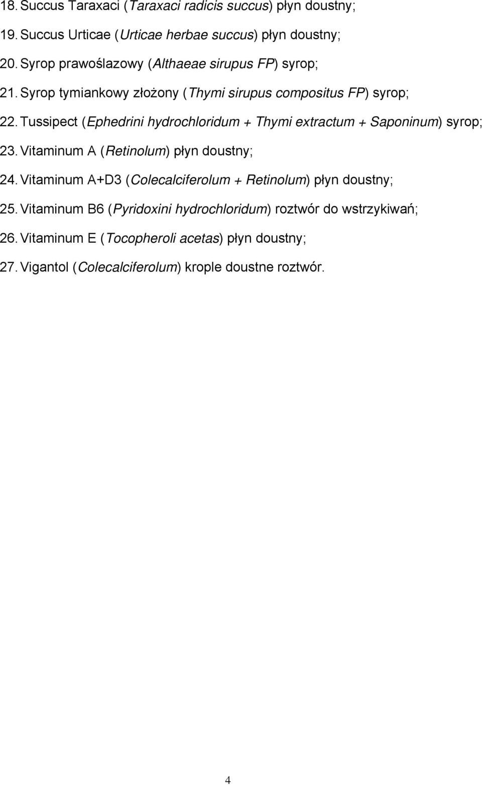 Tussipect (Ephedrini hydrochloridum + Thymi extractum + Saponinum) syrop; 23. Vitaminum A (Retinolum) płyn doustny; 24.