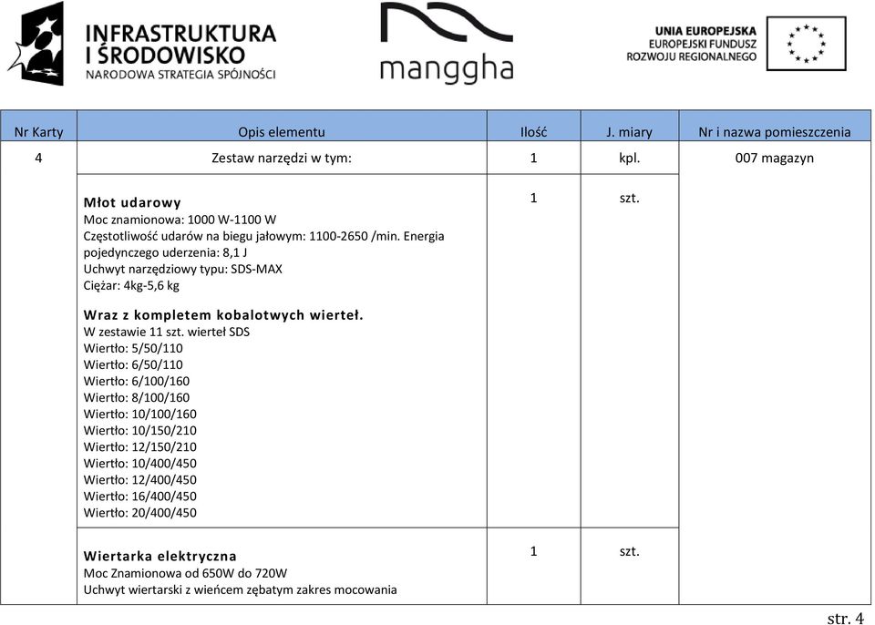 Energia pojedynczego uderzenia: 8,1 J Uchwyt narzędziowy typu: SDS-MAX Ciężar: 4kg-5,6 kg Wraz z kompletem kobalotwych wierteł.