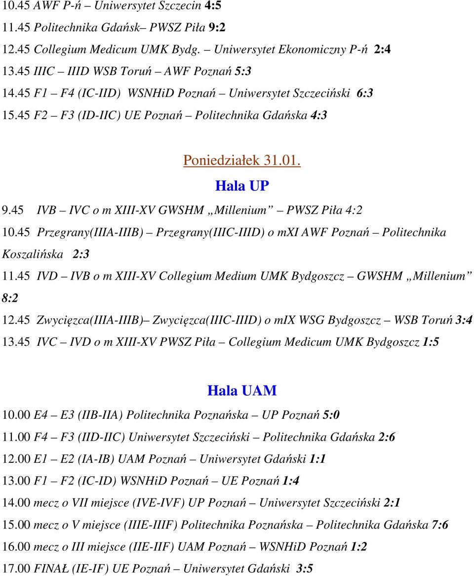 45 IVD IVB o m III-V Collegium Medium UMK GWSHM Millenium 8:2 12.45 Zwycięzca(IIIA-IIIB) Zwycięzca(IIIC-IIID) o mi WSG WSB Toruń 3:4 13.