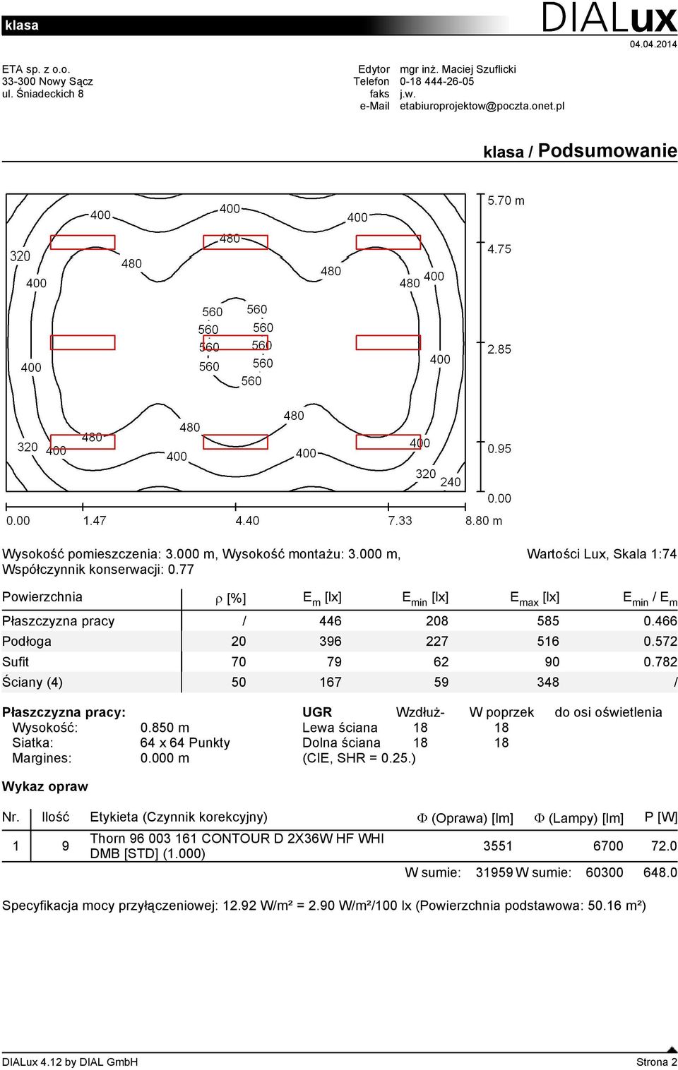 77 Wartości Lux, Skala 1:74 Powierzchnia [%] E m [lx] E min [lx] E max [lx] E min / E m Płaszczyzna pracy / 446 208 585 0.466 Podłoga 20 396 227 516 0.572 Sufit 70 79 62 90 0.