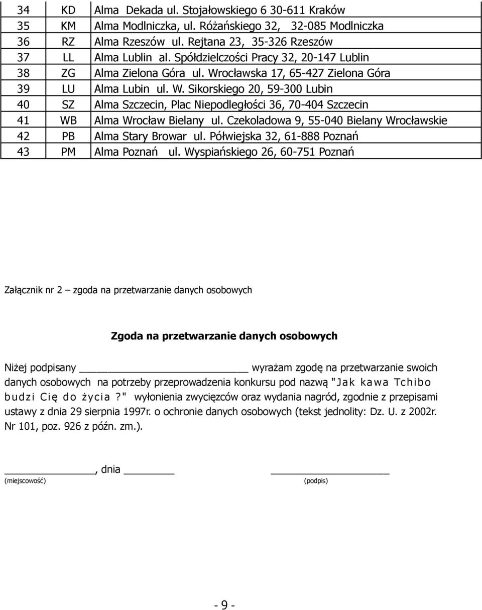 Czekoladowa 9, 55-040 Bielany Wrocławskie 42 PB Alma Stary Browar ul. Półwiejska 32, 61-888 Poznań 43 PM Alma Poznań ul.