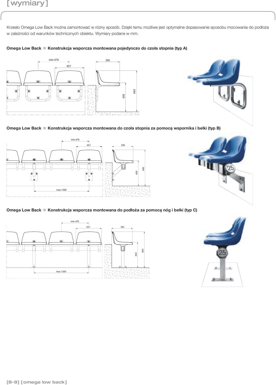 Omega Low Back Konstrukcja wsporcza montowana pojedynczo do czoła stopnia (typ A) min 470 457 395 Omega Low Back Konstrukcja wsporcza montowana do
