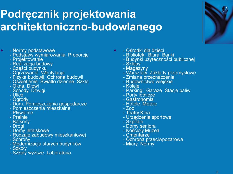 Pomieszczenia gospodarcze - Pomieszczenia mieszkalne - Pływalnie - Pralnie - Balkony - Drogi - Domy letniskowe - Rodzaje zabudowy mieszkaniowej - Schrony - Modernizacja starych budynków - Szkoły -