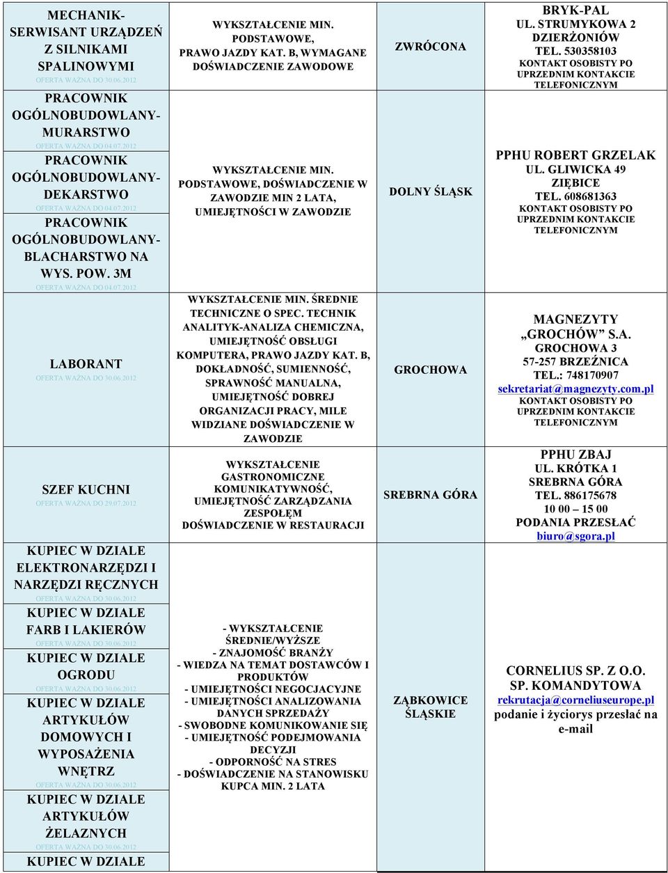 PODSTAWOWE, PRAWO JAZDY KAT. B, WYMAGANE DOŚWIADCZENIE ZAWODOWE WYKSZTAŁCENIE MIN. PODSTAWOWE, DOŚWIADCZENIE W ZAWODZIE MIN 2 LATA, UMIEJĘTNOŚCI W ZAWODZIE WYKSZTAŁCENIE MIN.
