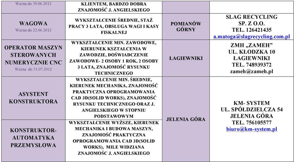 GÓRNY ŁAGIEWNIKI SLAG RECYCLING TEL. 126421435 a.matoga@slagrecycling.com.pl ZMH ZAMEH UL. KŁODZKA 10 ŁAGIEWNIKI TEL. 748939372 zameh@zameh.