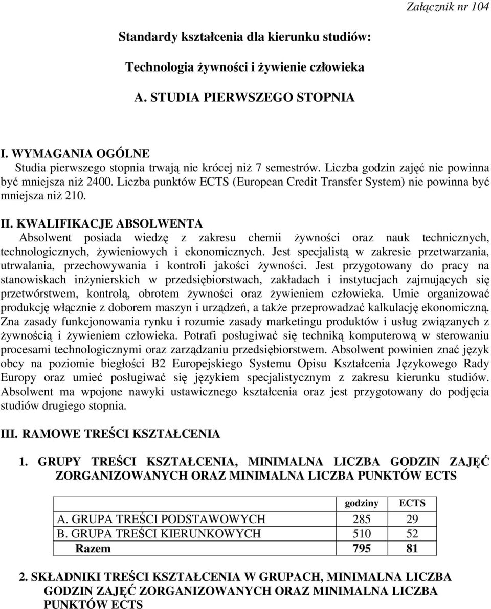 Liczba punktów ECTS (European Credit Transfer System) nie powinna by mniejsza ni 210. II.