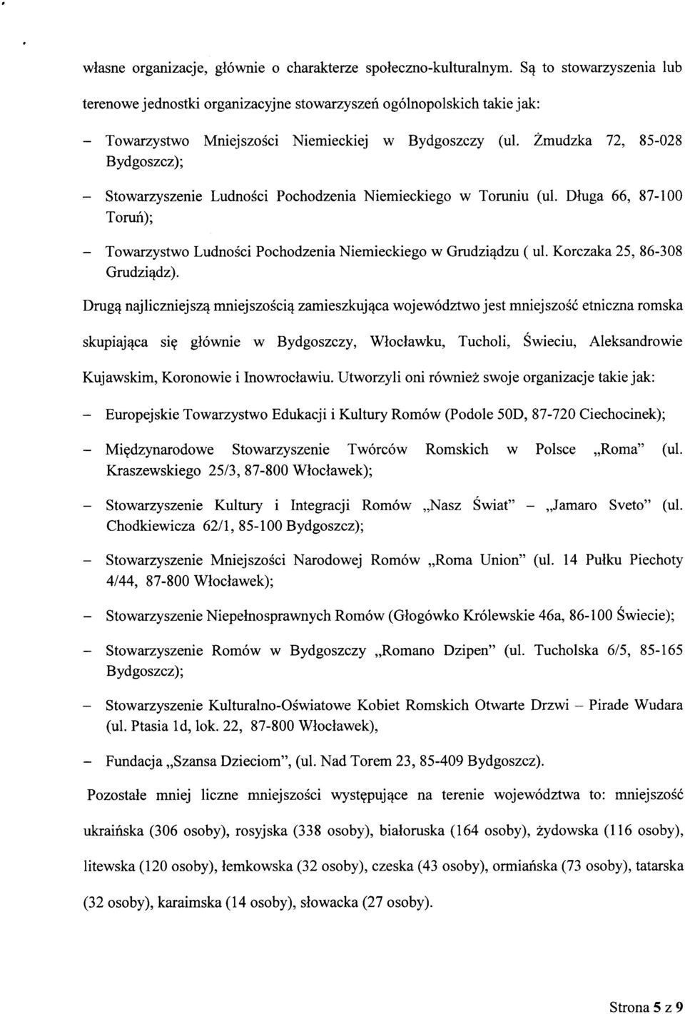 Zmudzka 72, 85-028 Bydgoszcz); - Stowarzyszenie Ludnosci Pochodzenia Niemieckiego w Toruniu (ul. Dluga 66, 87-100 Torun); - Towarzystwo Ludnosci Pochodzenia Niemieckiego w Grudzi^dzu ( ul.