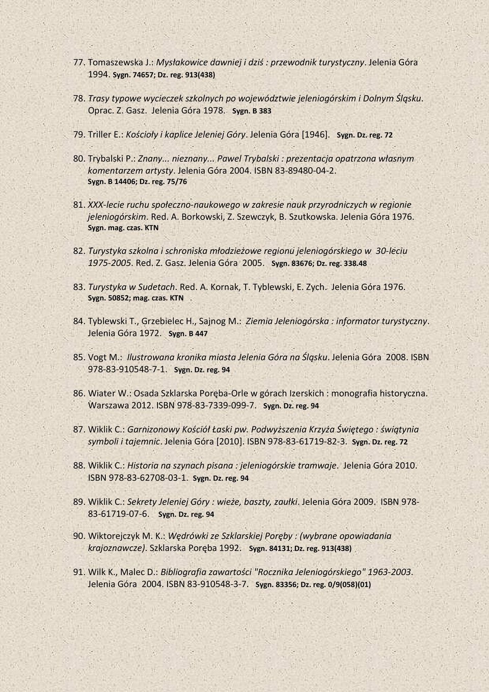 Sygn. Dz. reg. 72 80. Trybalski P.: Znany... nieznany... Pawel Trybalski : prezentacja opatrzona własnym komentarzem artysty. Jelenia Góra 2004. ISBN 83-89480-04-2. Sygn. B 14406; Dz. reg. 75/76 81.