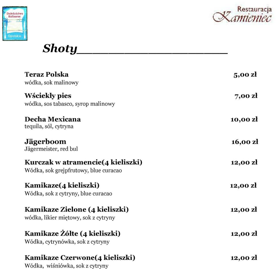 kieliszki) Wódka, sok z cytryny, blue curacao Kamikaze Zielone (4 kieliszki) wódka, likier miętowy, sok z cytryny Kamikaze
